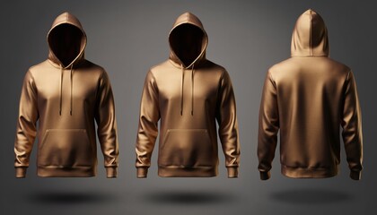 Shiny Metallic Gold Hoodie Mockup Displaying Front And Back Views With Invisible Ghost Mannequin Effect Isolated On Dark Grey Studio Background For Apparel Design Presentation