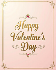 Happy valentine's day, vintage golden typography with ornate frame and heart accents on pink background