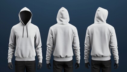 Blank White Hoodie Mockup Displaying Front And Back Views On Invisible Ghost Mannequin Isolated On Dark Blue Background For Clothing Design Template And Branding Presentation