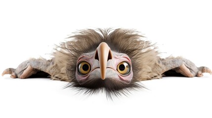Fototapeta premium Adorable fluffy baby bird peeking over edge with wide curious eyes on white background