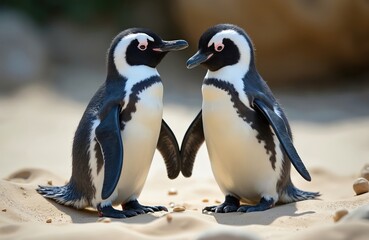 Two penguins stand close on sandy ground facing. Black, white feathers distinct. One penguin looks left, right. Appear to interacting on bright sunny day in natural habitat.