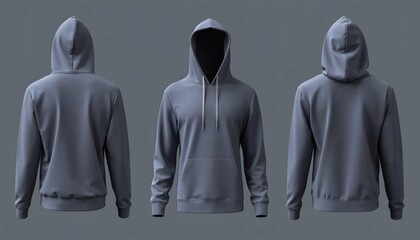 Blank Gray Pullover Hoodie Mockup Showing Front And Back Views With Hood Up Isolated On Dark Neutral Background Ideal For Streetwear Branding And Apparel Design Presentation