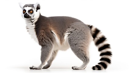Obraz premium An Adorable Striped Ring-Tailed Lemur Standing Gracefully on a White Background