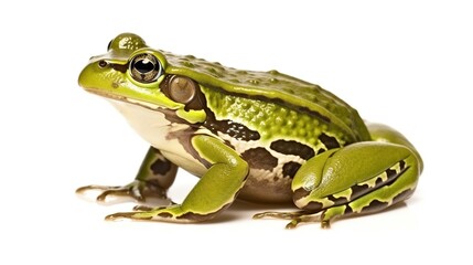 Fototapeta premium Bright Green Tree Frog with Brown Stripes Perched Quietly on a Pure White Background