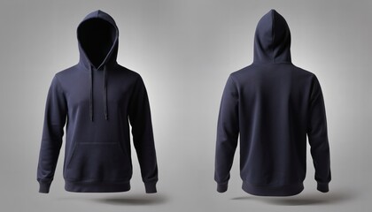 Realistic Dark Navy Blue Hoodie Mockup Set Featuring Front And Back Views Of Ghost Mannequin Style Sweatshirt Floating Against Light Grey Studio Background For Apparel Design