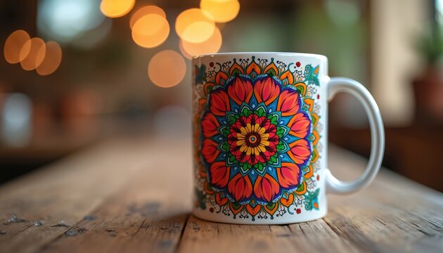 Colorful mandala art adorns ceramic mug. Beverage container sits on wooden table. Drinkware features vibrant pattern. Home or office accessory for coffee or tea.