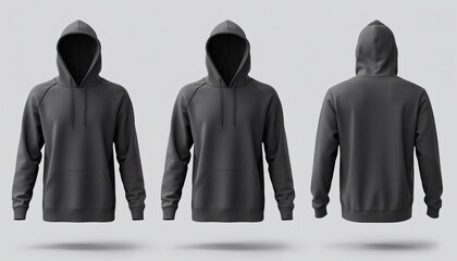 Blank black hoodie sweatshirt with hood mockup set on grey background showing front and back views with realistic fabric texture for branding design and apparel merchandising
