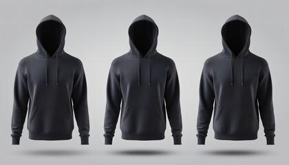 Three Realistic Black Hoodie Mockups Floating In A Row On Light Grey Background Featuring Long Sleeves Drawstrings And Kangaroo Pockets For Apparel Design Presentation