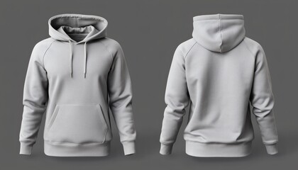 Blank light grey hoodie mockup template with front and back view isolated on dark grey background for fashion design branding presentation and apparel merchandise advertising