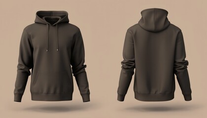 Realistic Blank Brown Hoodie Mockup Showing Front And Back Views Floating In Mid Air With Soft Shadows Isolated On Beige Background For Apparel Design Presentation And Branding