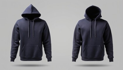 Pair Of Realistic Dark Navy Blue Hoodies Mockup On Invisible Mannequin Isolated On Light Grey Background With Soft Shadows Front View Design Template For Clothing Branding