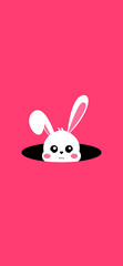 Obraz premium A cute white bunny peeks out of a black hole against a bright pink background.
