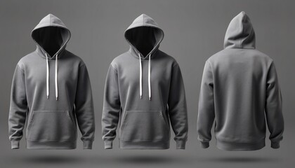 Blank grey hoodie sweatshirt mockup set featuring front and back views isolated on grey background with white drawstrings and kangaroo pocket for fashion design presentation