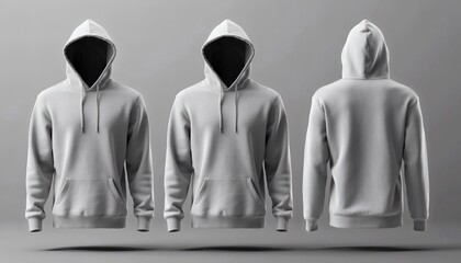Blank Grey Hoodies Mockup Set Showing Front And Back Views Floating In Studio Lighting Isolated On Clean Background Ready For Apparel Design Presentation And Branding
