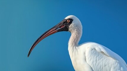 Obraz premium Close-up of a striking white heron with an exceptionally long curved bill against a vivid blue backdrop