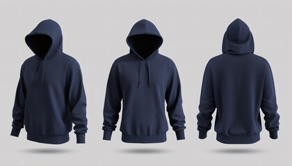 Blank Navy Blue Hoodie Mockup Set Showing Front Side And Back Views Isolated On Light Grey Background For Casual Apparel Design Presentation With Invisible Ghost Mannequin Effect