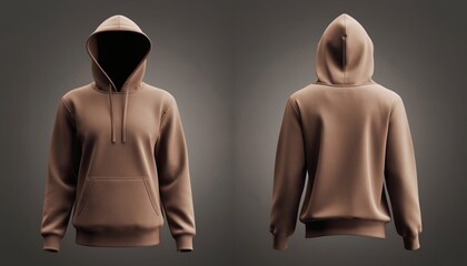 Blank Brown Hoodie Sweatshirt Mockup Showing Front And Back Views Isolated On Dark Background With Realistic Lighting And Fabric Texture For Clothing Design Presentation
