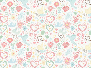 Obraz premium A colorful illustration of hearts flowers and birds scattered across a white background with various shapes and patterns