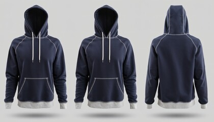 Realistic 3D Mockup Of Navy Blue Hoodie With White Drawstrings And Grey Cuffs And Hem Displayed In Front And Back Views On Isolated Grey Background With Soft Shadows