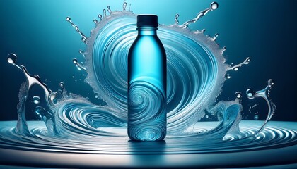 Obraz premium advertising mockup with a water bottle with water swirling around it the bottle is located on a platform and beautiful patterns curl water around it in a spiral