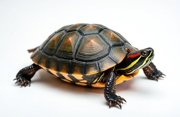 Fototapeta premium Red eared turtle stands on white background. Turtle shows its shell and head with red stripes. Reptile has claws and yellow belly. Aquatic animal looks to side. Slow creature is isolated.