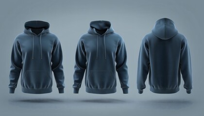 Three floating dark grey pullover hoodies showing front and back views with realistic fabric texture and dramatic lighting isolated on a neutral grey background for apparel mockup