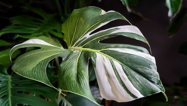 close up of a monstera deliciosa albo variegata plant leaf green and white leaves of aroid plants