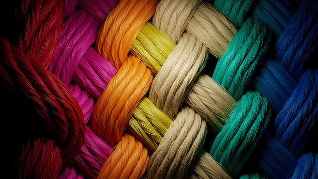 Team rope diverse strength connect partnership together teamwork unity communicate support. Strong diverse network rope team concept integrate braid color background cooperation empower power.