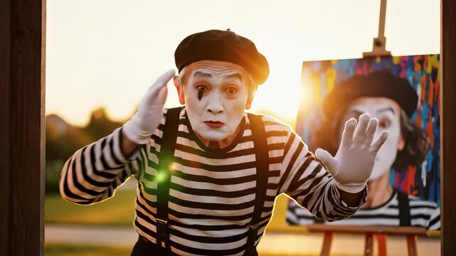 A mime gestures playfully in front of an easel displaying a colorful portrait. The mime showcases creativity and joy under the warm sunlight, enhancing the artistic atmosphere.
