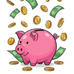 Cheerful illustration of a traditional pink piggy bank accumulating golden coins and dollar bills, symbolizing successful financial savings, smart investment, and future economic prosperity