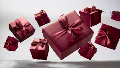 elegant maroon cylindrical gift boxes floating on white background