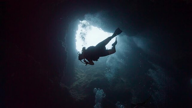 SCUBA Diver descends into underwater cave