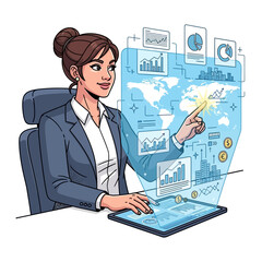 Young professional woman using advanced holographic technology to analyze complex business data and financial insights for strategic decision-making