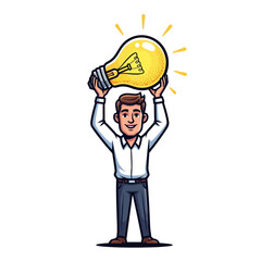 A man proudly holds up a glowing light bulb, symbolizing a bright new idea or innovation