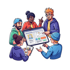 Diverse team collaborating on a digital project, brainstorming ideas and planning website design with a tablet and sketches, fostering creativity and teamwork