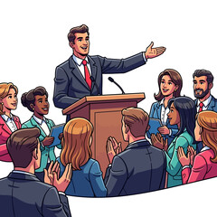 Confident Speaker Addressing an Engaged Audience at a Podium, Business Presentation or Conference