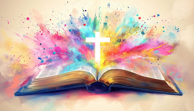 Bible illustration open book landscape art paradise sun light prayer jesus god Divine nature background
