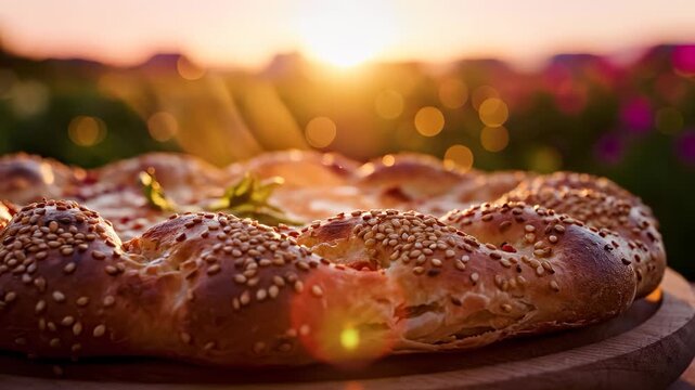 A freshly baked loaf of bread sits on a wooden board, illuminated by a warm sunset in the background. The loaf and sunset create a cozy atmosphere in this outdoor setting.