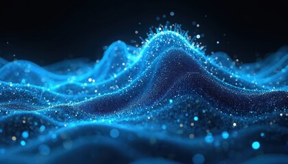 Abstract waves of blue light particles form a digital landscape. This futuristic mesh evokes data flow and scientific progress. It represents networks and cyber space.