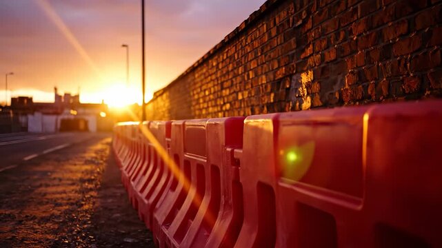 A row of orange construction barriers lines the roadside as the sun sets behind a brick wall. The construction barriers and sunset create a striking contrast in this urban scene.