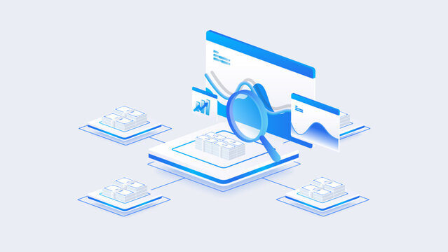 Stock market isometric of financial dashboard data analysis with charts, money, and financial metrics in blue digital style.