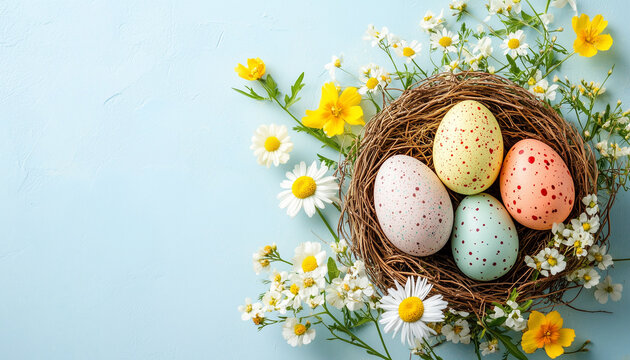 hyper realistic photo of Happy Easter concept with easter eggs in nest and spring flowers. Easter background with copy space