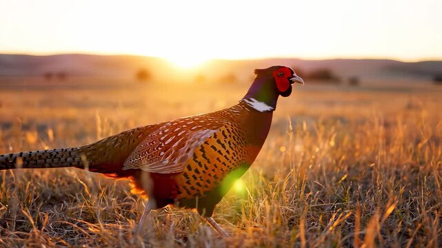 A vibrant pheasant wanders through golden grass as the sun rises in the background. The pheasant and golden grass create a warm atmosphere in this tranquil rural setting.