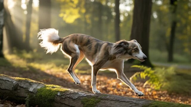 Swift persian greyhound running gracefully across autumn forest
