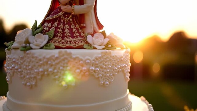 A beautifully decorated wedding cake sits elegantly against a backdrop of sunset, adorned with intricate details. The wedding cake and sunset create a romantic and memorable scene.