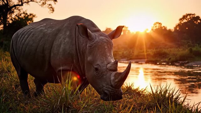 A majestic rhinoceros grazes peacefully by a river as the sun sets in the background. The rhinoceros and sunset create a serene and beautiful scene in the natural landscape.