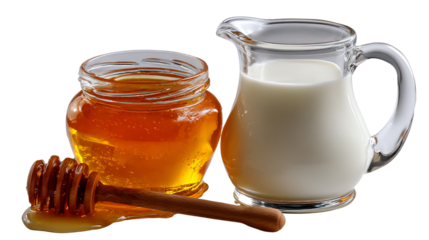 Honey and Milk: A golden jar of sweet honey, accompanied by a jug of fresh milk, creates a scene of pure delight and natural goodness.
