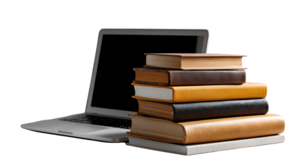 Digital Study Stack: A stack of bound books stands beside an open laptop, representing the intersection of traditional learning with modern technology and online access.