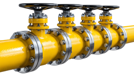 Industrial Pipeline Valves: A close-up shot focuses on a series of vibrant yellow pipeline valves, arranged in a row. The image highlights the mechanical precision and industrial aesthetic