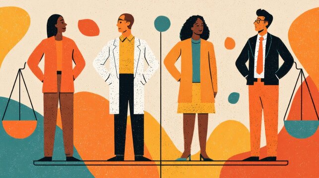 Healthcare Equality Background With Balanced Professionals Representing Diverse Fields and Roles in a Unified Community Setting